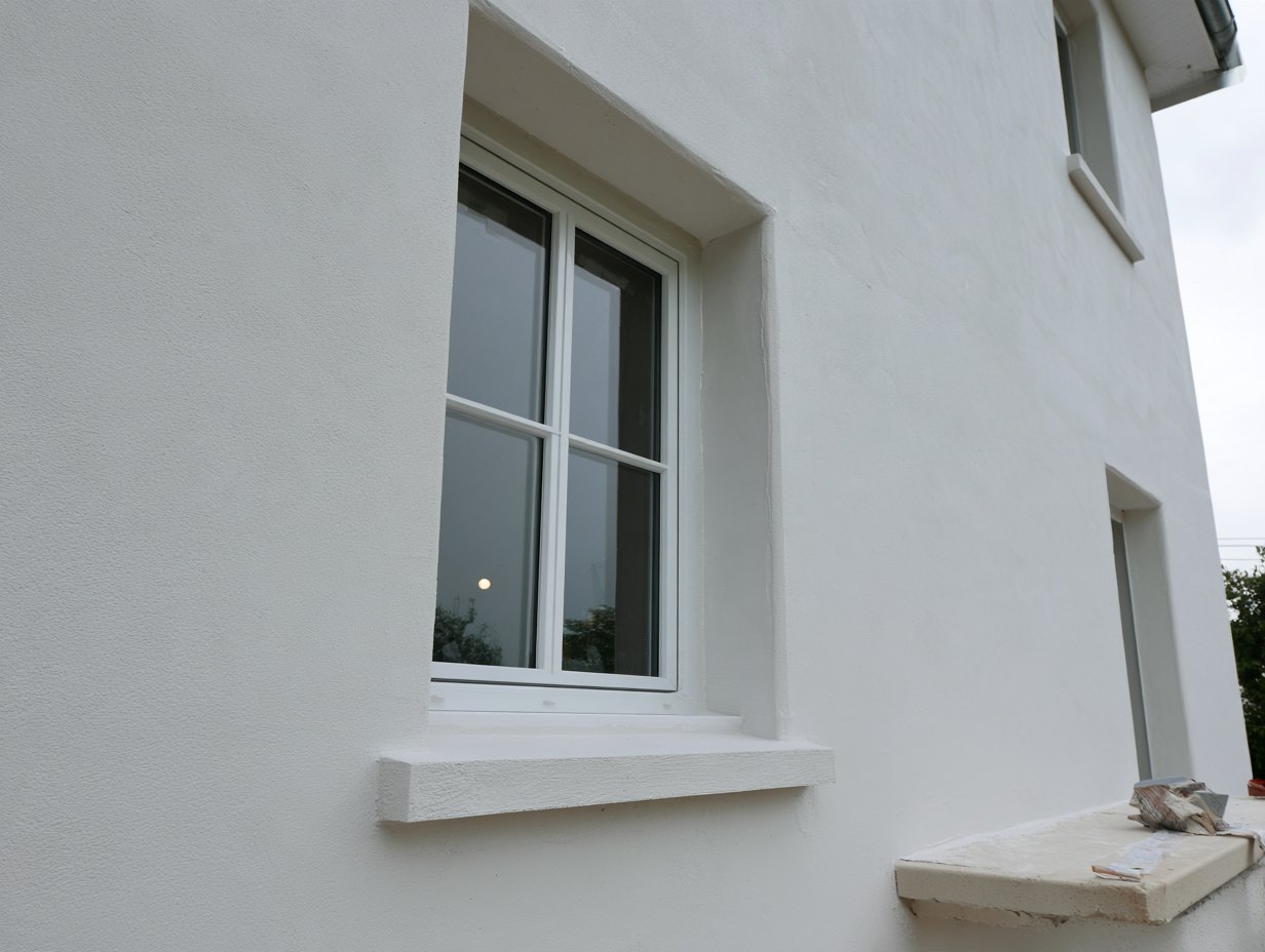 Angle de maison après ITE, enduit blanc cassé, tableau de fenêtre épais, ruban encore sur l'appui.