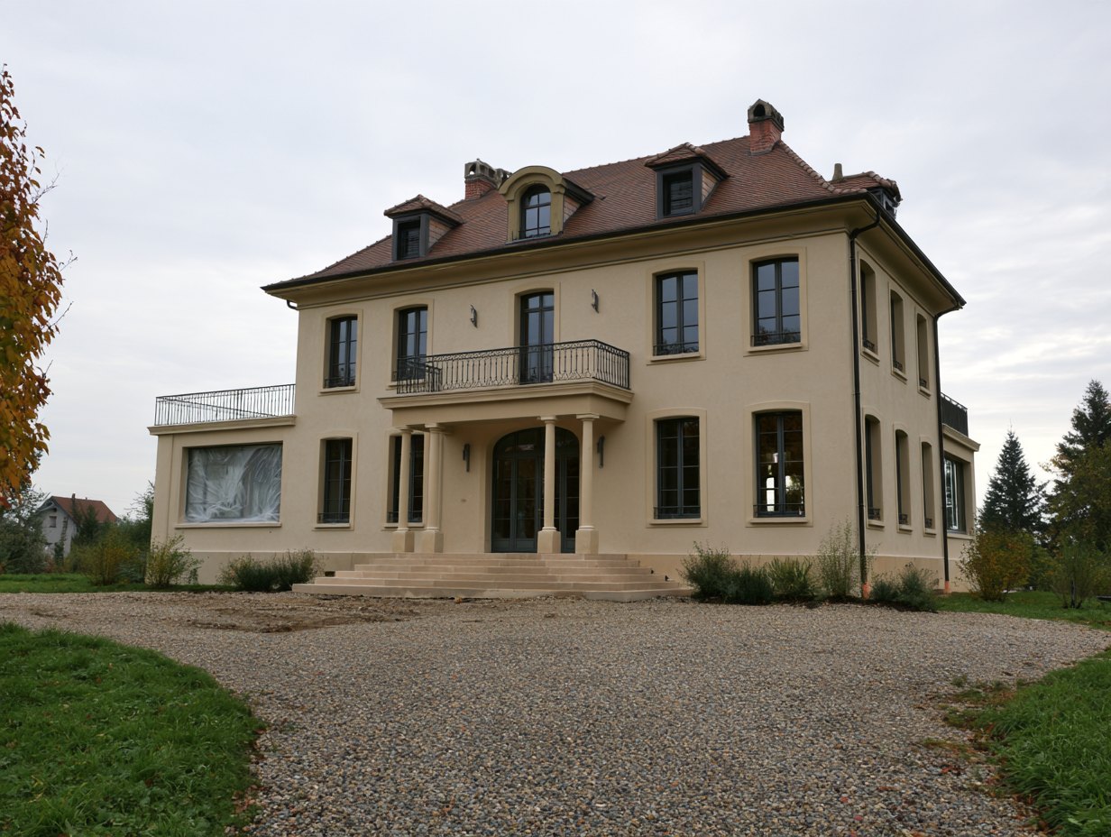 Maison de caractère après ravalement, enduit crème uniforme, gravier et terre retournée.