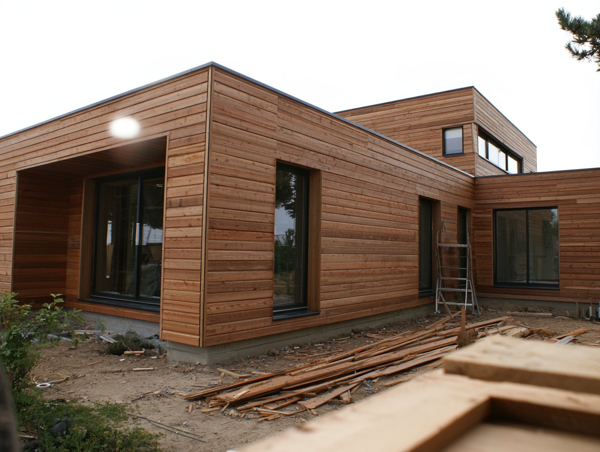 Maison en bardage bois clair posé, lames horizontales, sol encore en terre et chutes de bois.