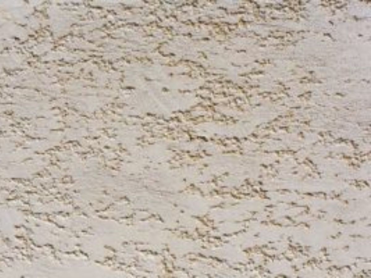 Gros plan d'un crépi beige clair gratté à texture rugueuse, grain irrégulier et reliefs horizontaux marqués.